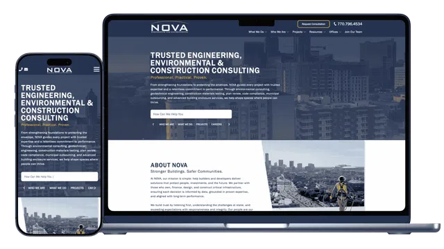 Responsive website design for NOVA, showcasing engineering, environmental, and construction consulting services.