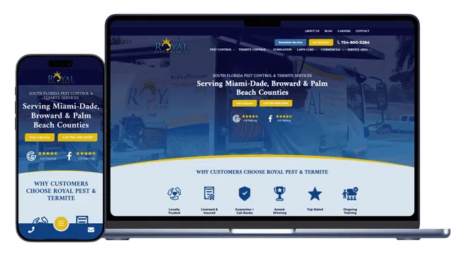 Royal Pest & Termite website homepage shown on mobile and laptop screens with service details and contact options.
