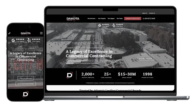 Dakota Contractors website displayed on smartphone and laptop showcasing commercial contracting services and company stats.