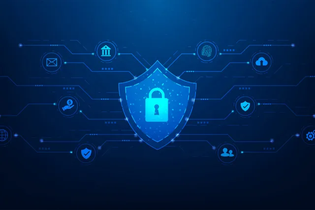Digital security concept with shield, padlock, and interconnected icons on a blue background.