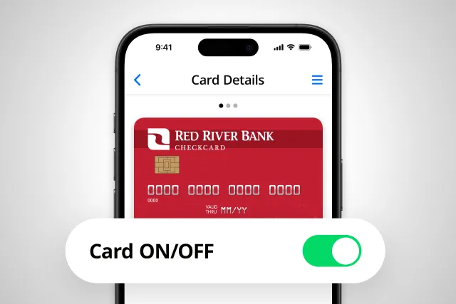 Close-up of a banking app displaying a red check card and toggle switch for card activation.