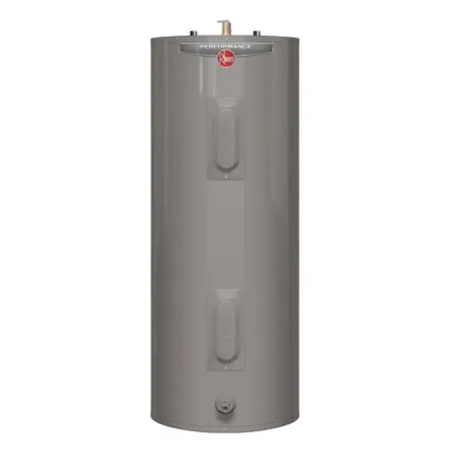 Rheem Performance tall gray electric water heater with multiple access panels and top connections.