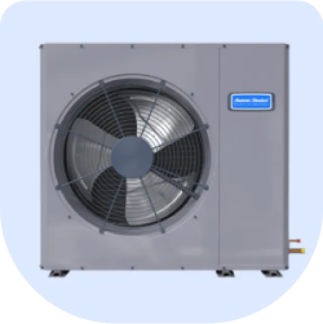 Modern gray Heat Pump outdoor unit with large circular fan and brand label on light blue background.