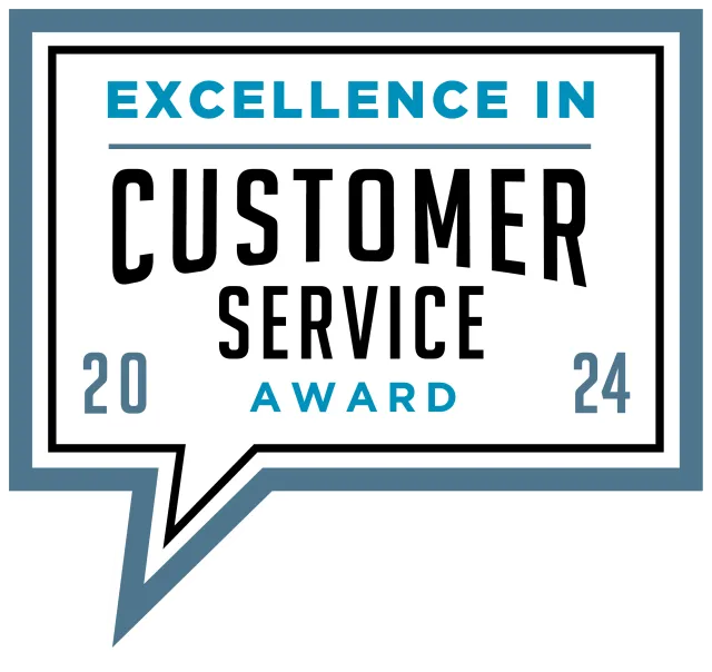 Excellence in Customer Service Award 2024 in speech bubble style design with blue and black text