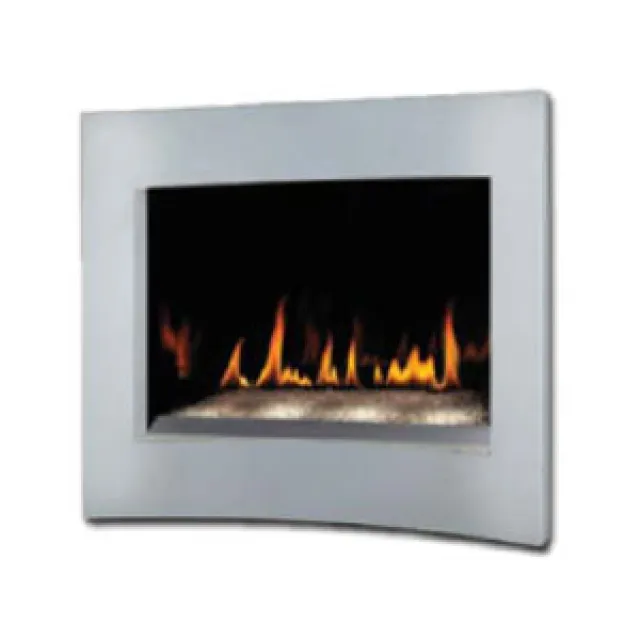 Modern wall-mounted electric fireplace with a sleek silver frame and visible orange flames.
