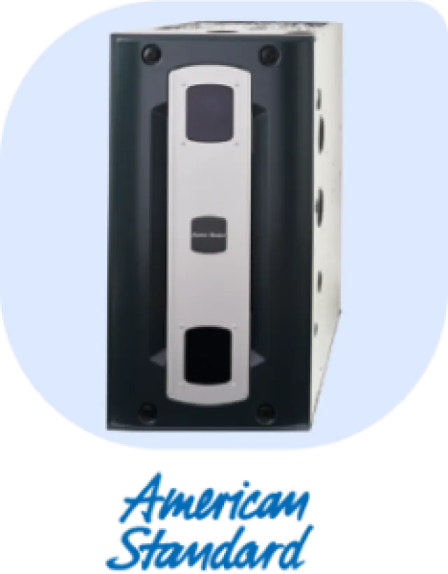 American Standard air conditioner unit with black and white front panel and logo below on light blue background