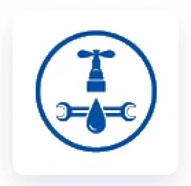 Blue plumbing icon with a faucet, two crossed wrenches, and a water droplet inside a circle.
