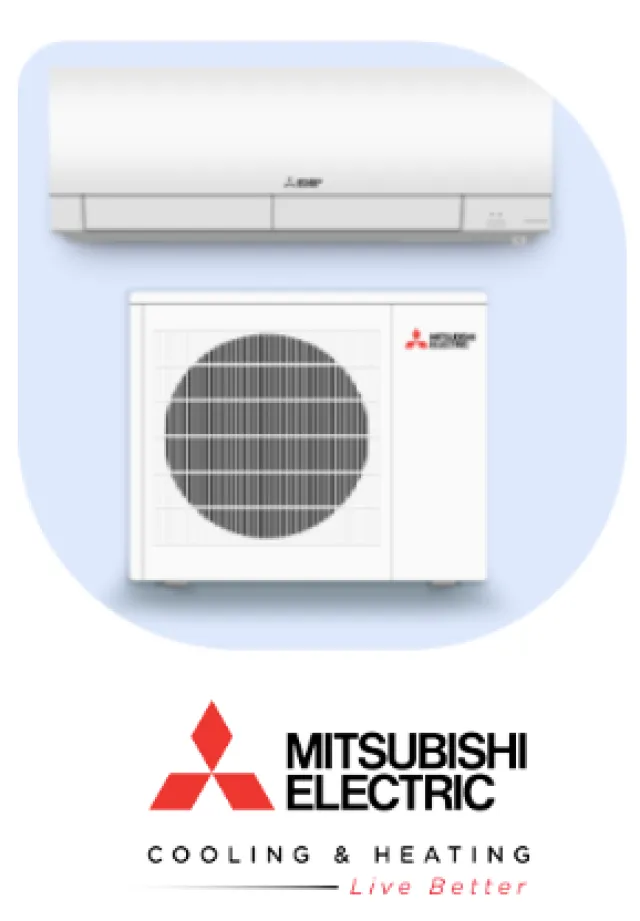 White Mitsubishi electric air conditioner indoor and outdoor units on light blue background.