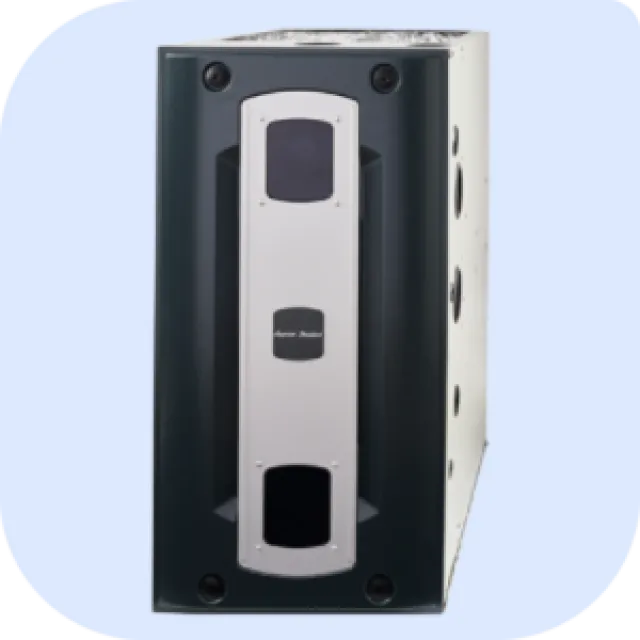 American Standard HVAC outdoor unit with protective grille and top fan on light background.