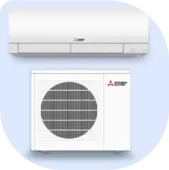 White Mitsubishi electric air conditioner indoor and outdoor units on light blue background.