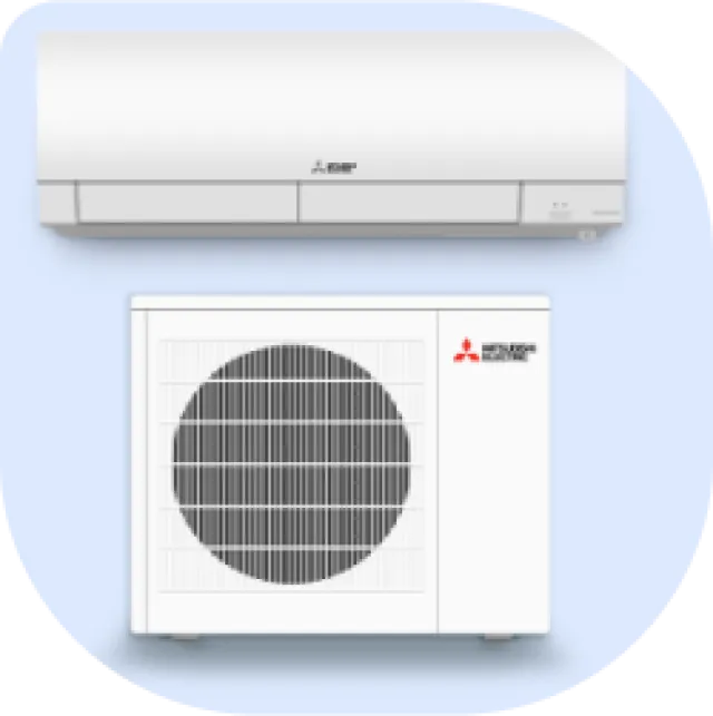 White Mitsubishi air conditioner indoor and outdoor units with logo on light blue background