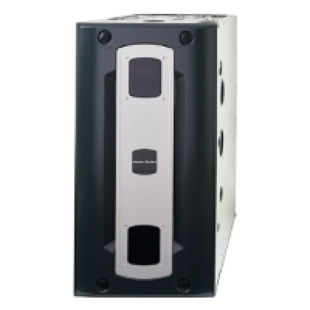 Front view of a wall-mounted rectangular electric water heater with black and white casing.