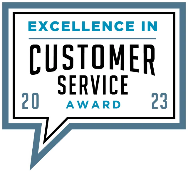 Excellence in Customer Service Award 2023 badge in speech bubble design with blue and black text.