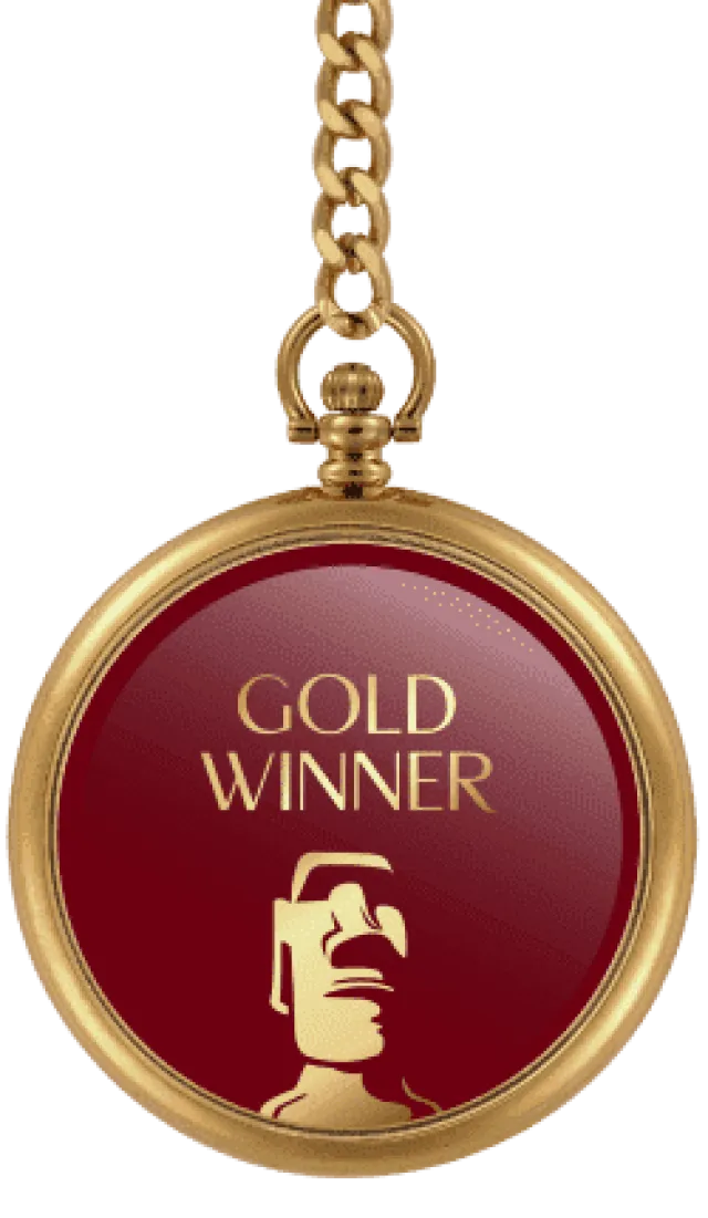 Gold pocket watch medal with chain and red face labeled Gold Winner with Easter Island Moai statue icon
