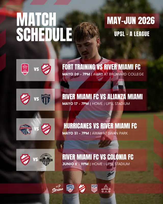 River Miami FC match schedule for May and June 2026 UPSL A League games with dates, times, and locations.