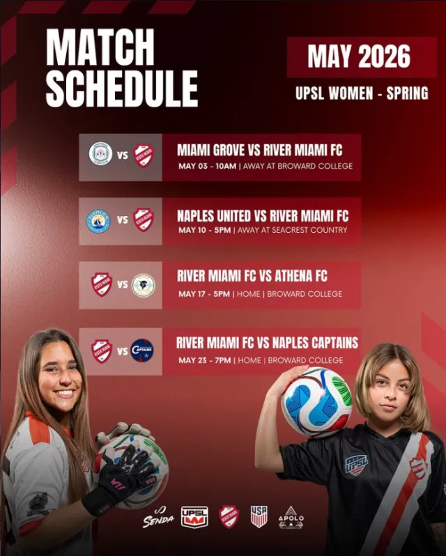 UPSL Women May 2026 match schedule with game dates, times, teams, and young female soccer players holding balls.
