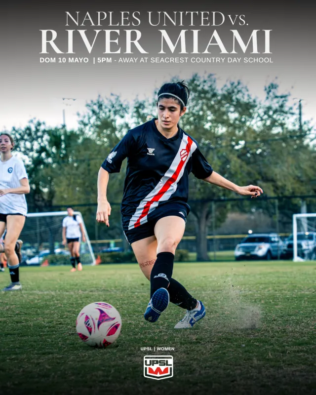 Female soccer player in black uniform kicking a pink and white ball during Naples United vs River Miami match.