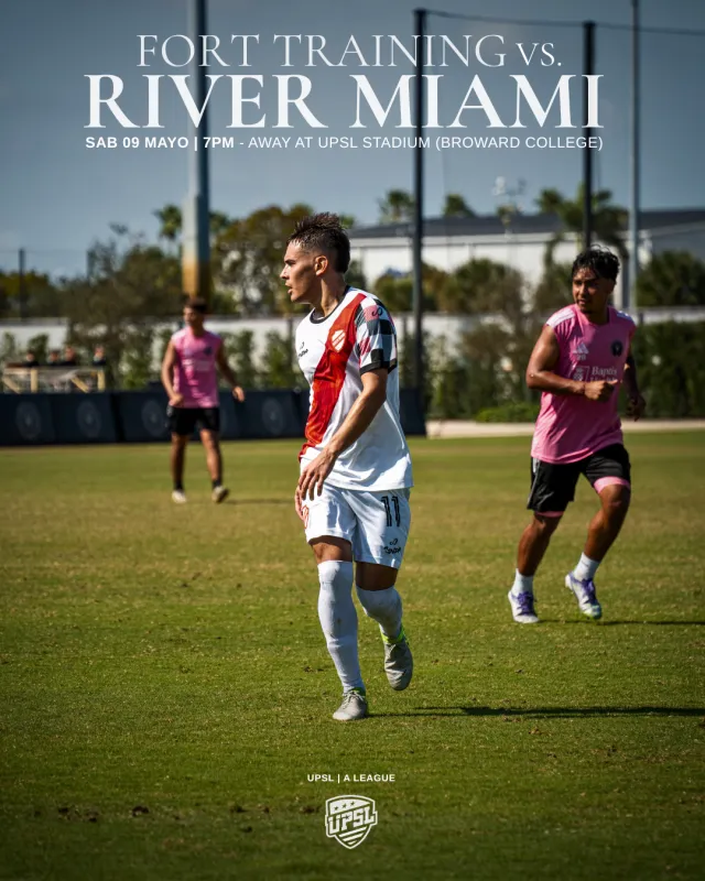 Soccer players in action on field during Fort Training vs River Miami UPSL match at Broward College stadium.