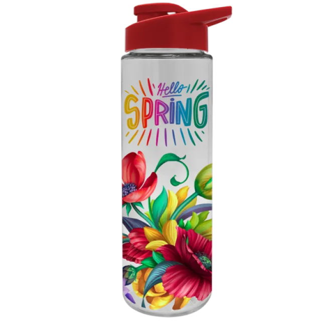 Clear water bottle with red lid featuring colorful Hello Spring text and bright floral design.