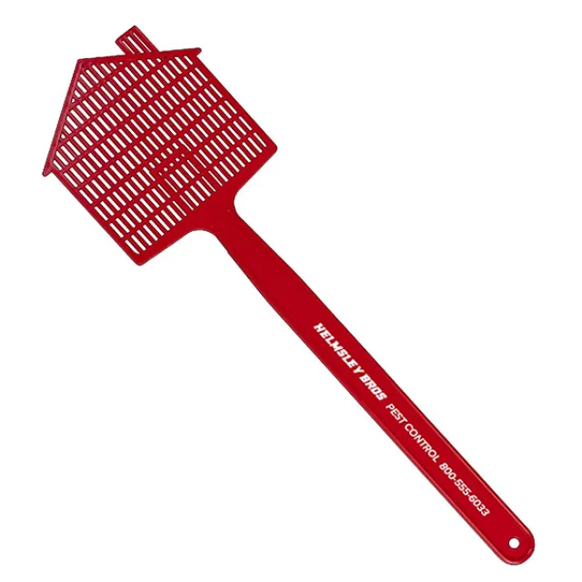 Red plastic fly swatter with a house-shaped head and a long handle, featuring pest control company contact info.