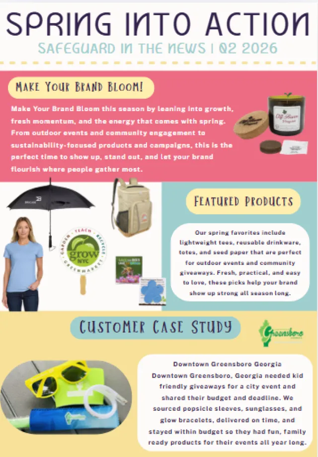 Spring-themed marketing flyer with branded promotional products and a customer case study from Greensboro