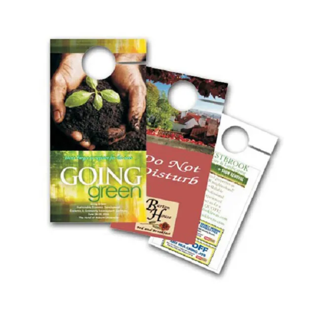 Three colorful door hangers featuring environmental, hospitality, and advertising themes.
