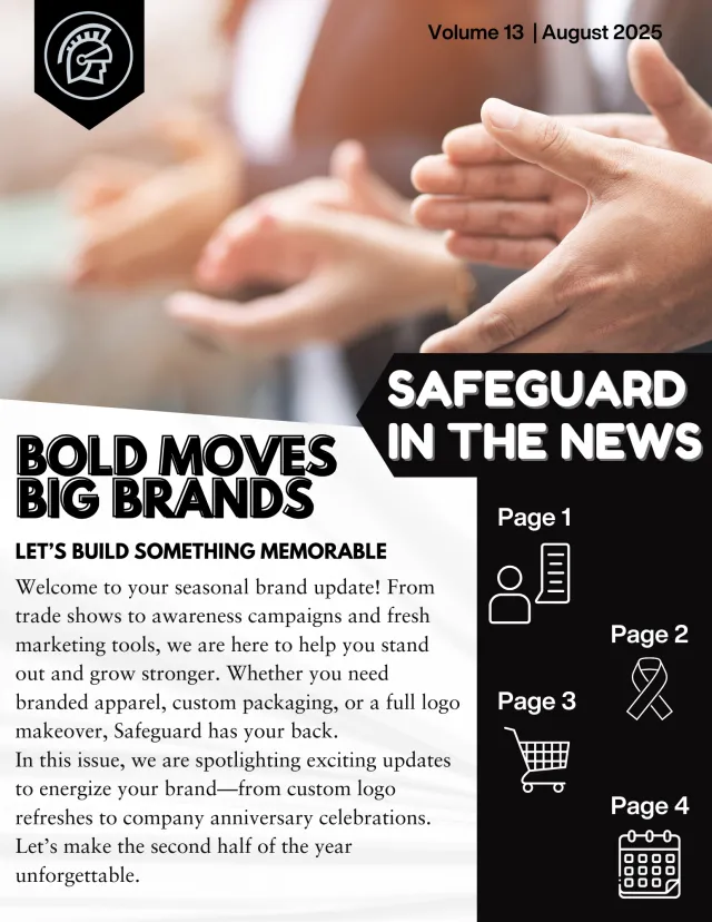 Newsletter cover showing hands clapping with text about bold moves and brand updates from Safeguard August 2025.