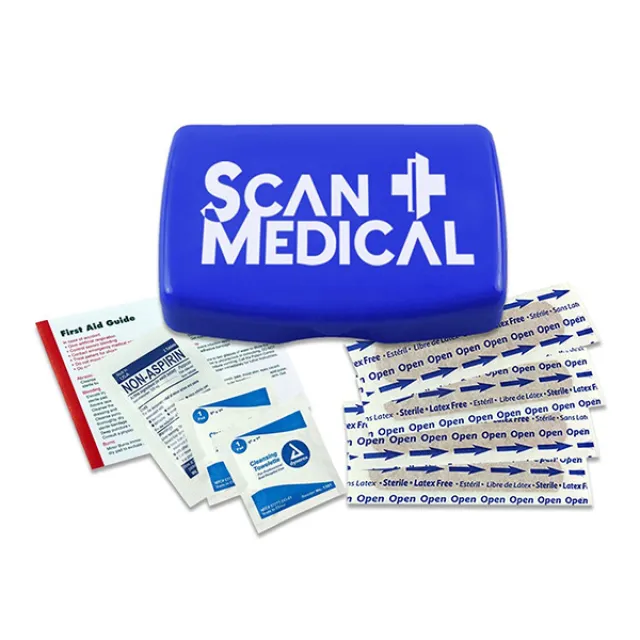 Blue Scan Medical first aid kit with bandages, cleaning wipes, and non-aspirin medication packets