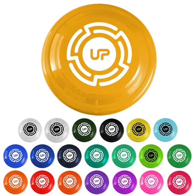 Colorful flying discs with unique circular patterns and UP logo in various colors arranged in rows.