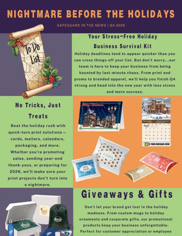 Holiday business survival kit with to-do list, print promotions, giveaways, and stress-free Q4 planning visuals.