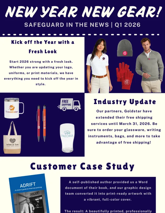 Promotional flyer showcasing branded apparel, giveaways, customer case study, and business branding tips for 2026.