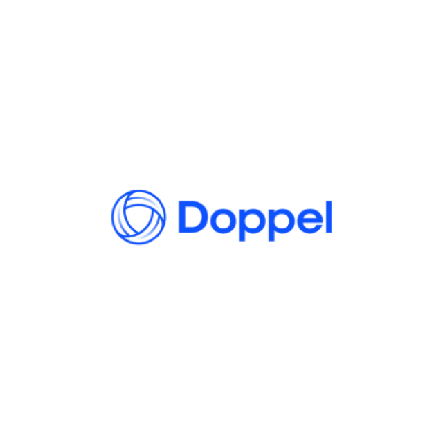 Doppel logo with a blue circular swirl icon and bold blue text on black background.