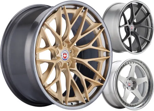 Three stylish car rims in bronze, black, and silver with intricate spoke designs and branded center caps.