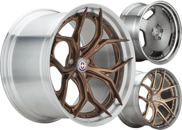 Bronze multi-spoke alloy car wheels with polished silver rims displayed from multiple angles on white.