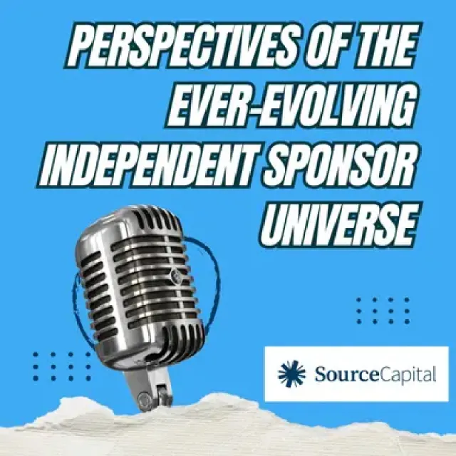 Silver vintage microphone on blue background with text about evolving independent sponsor universe and Source Capital logo