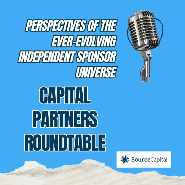 Blue background with vintage microphone and text about capital partners roundtable on independent sponsors.
