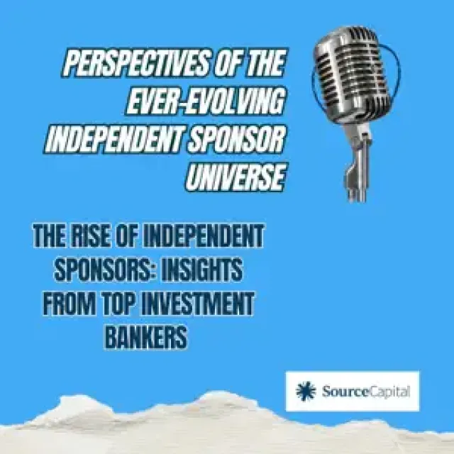 Podcast cover with vintage microphone and text about independent sponsors and investment bankers on blue background