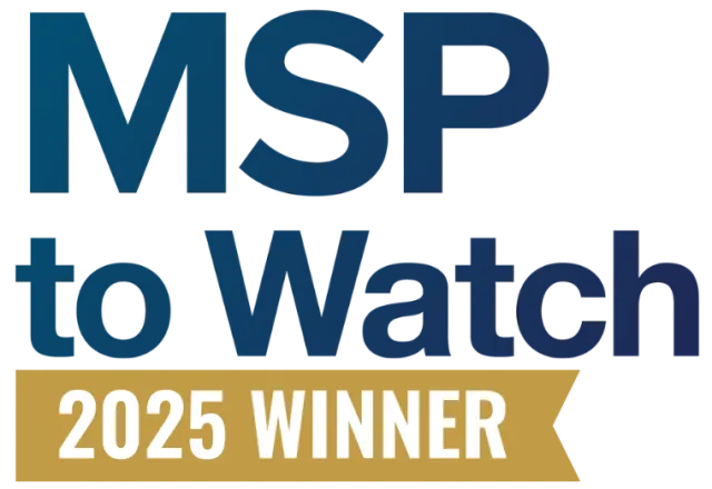 MSP to Watch 2025 Winner award logo with blue text and gold banner background.