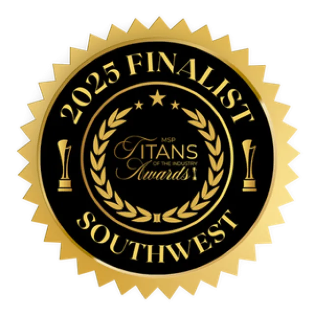 Gold and black 2025 Finalist Southwest MSP Titans of the Industry Awards seal with laurel wreath and stars