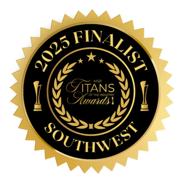 Gold and black 2025 Finalist Southwest badge for MSP Titans of the Industry Awards with laurel wreath and trophy icons.