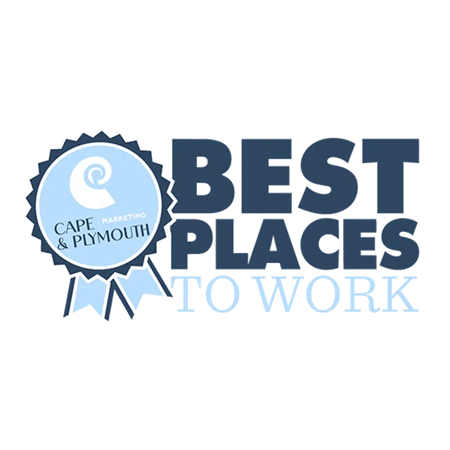 Blue badge with ribbon and text Cape & Plymouth Marketing Best Places to Work recognition logo.