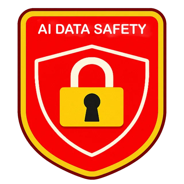 Red shield with yellow lock icon and text AI DATA SAFETY symbolizing artificial intelligence data protection