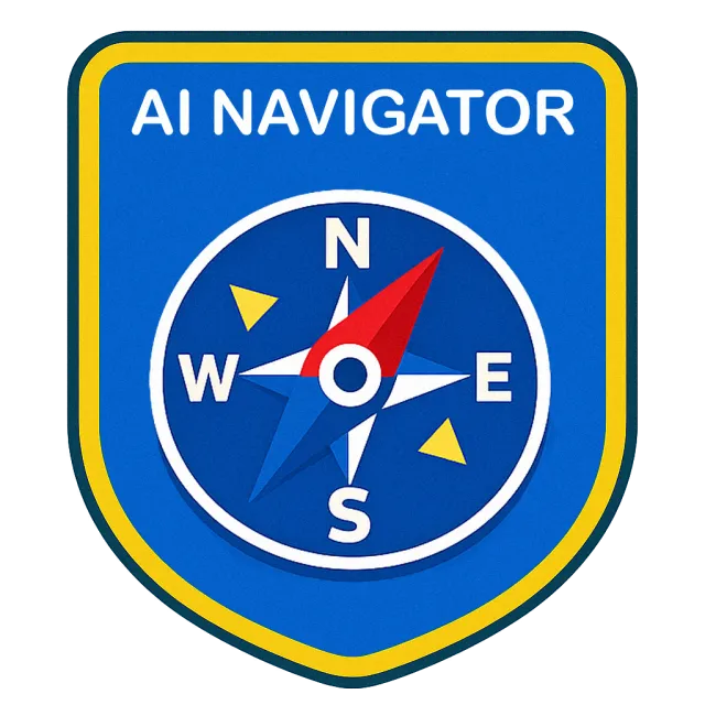 Blue badge with yellow border featuring a compass and text AI NAVIGATOR above it.
