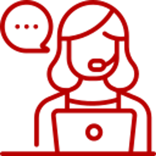 Red line icon of a female customer support agent with headset and chat bubble working on laptop
