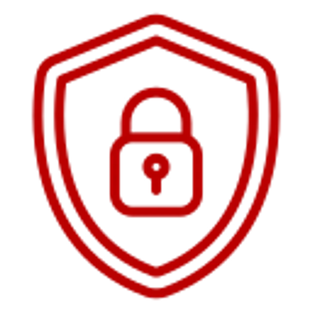 Red shield outline with a red padlock symbol representing security and protection on black background
