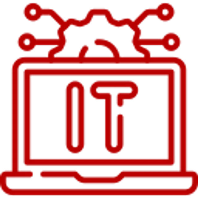 Red IT symbol with laptop and circuit connections representing information technology and digital networks