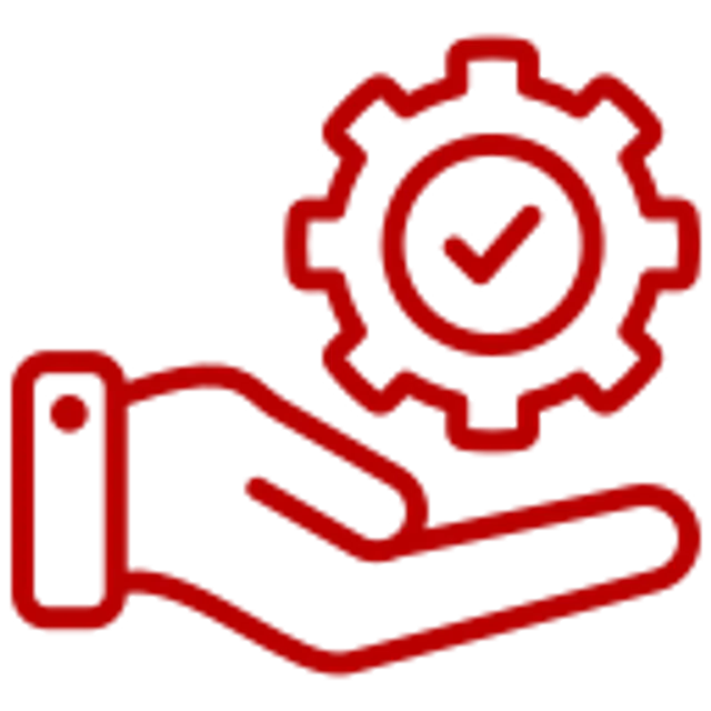 Red line icon of a hand holding a gear with a checkmark, symbolizing quality assurance and support.