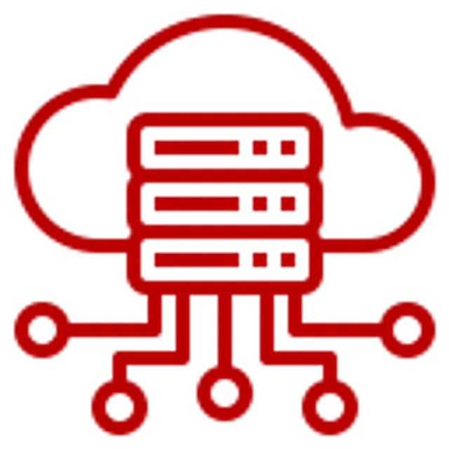 Red cloud computing icon with connected server racks and network nodes on a transparent background