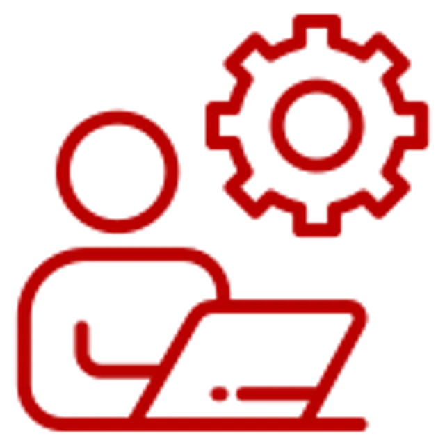 Red line icon of a person working on a laptop with a gear symbolizing settings or technical support