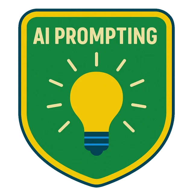 Green shield badge with yellow lightbulb and text AI Prompting in cream and blue accents
